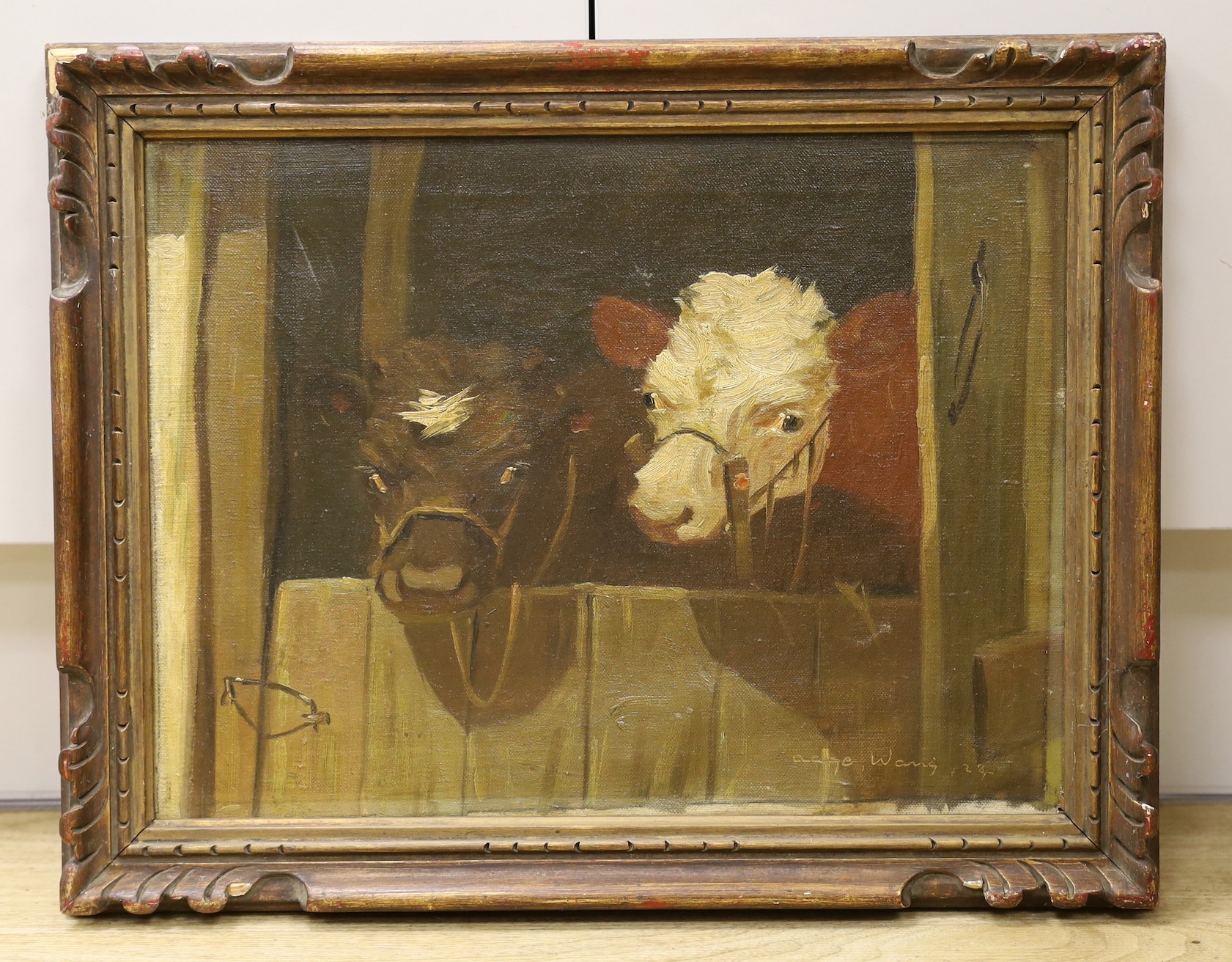 Aage Wang, i.e., Mark Osman Curtis (Danish, 1879-1959), oil on canvas, Two calves looking over a stable, signed and dated '24, 30 x 40cm